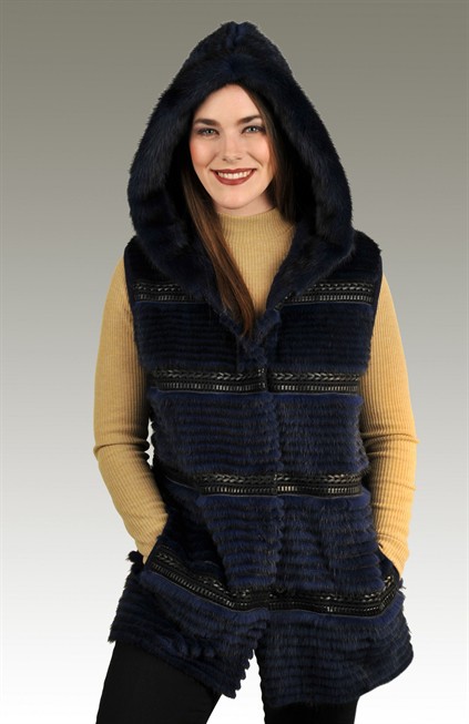 Navy Blue Mink and Leather Trim